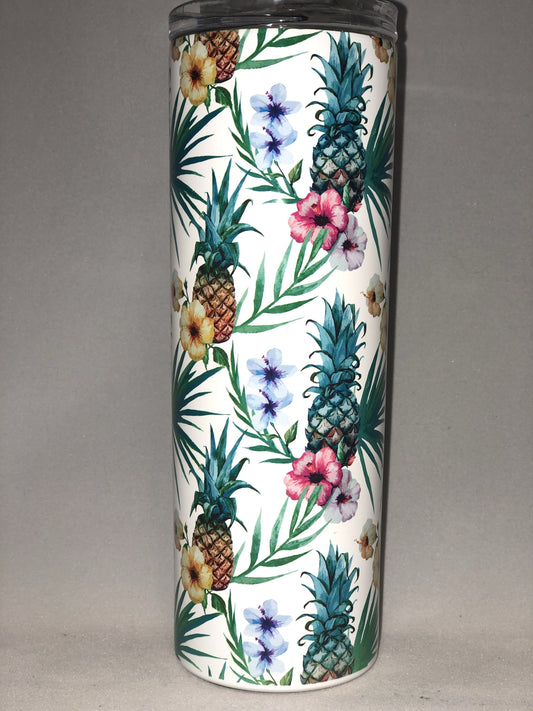 Pineapple With Flowers - -20 oz Skinny Tumblers w/Lid and Metal Straw