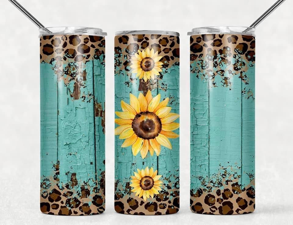 Sunflower Cheetah- 20oz or 30oz Skinny Tumblers w/ Lid and Metal Straw
