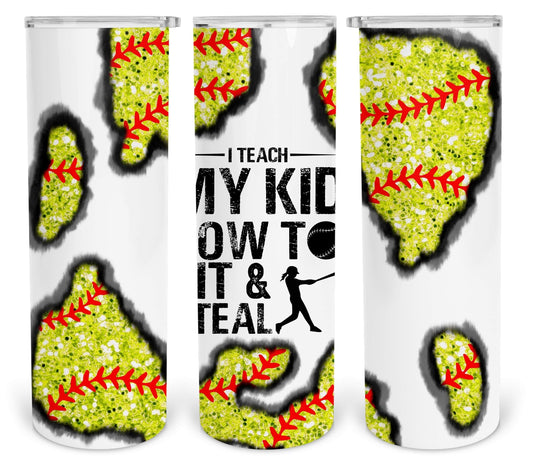 Glitter Patch Softball- 20oz or 30oz Skinny Tumblers w/ Lid and Metal Straw