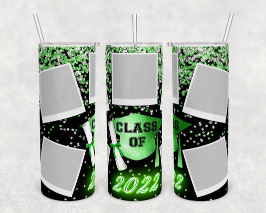 Green Glitter Class of 22- 20 oz or 30oz Skinny Tumblers w/ Lid and Metal Straw