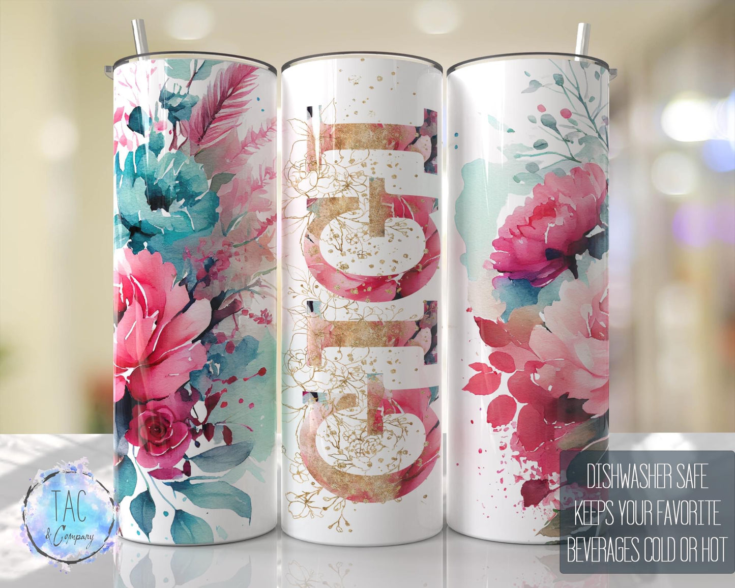 Gigi Hot Pink Floral Full Wrap -20oz or 30oz Skinny Tumblers w/ Lid and Metal Straw