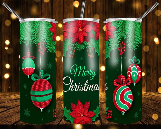 Merry Christmas Ornaments - 20oz or 30oz Skinny Tumblers w/ Lid and Metal Straw