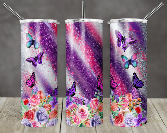 Butterfly Purple Pink & White Striped- 20oz or 30oz Skinny Tumblers w/ Lid and Metal Straw