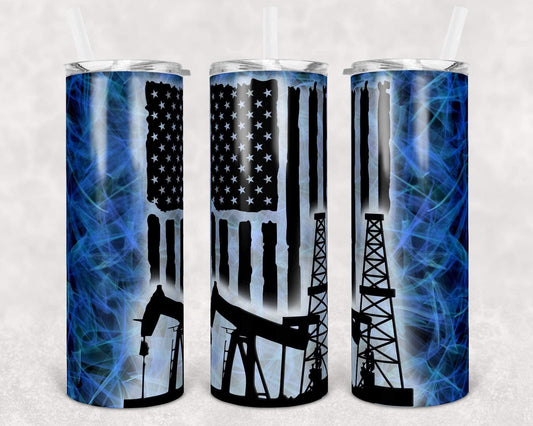 Blue American flag Construction - 20oz or 30oz Skinny Tumblers w/ Lid and Metal Straw