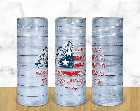 Wooden Red White & Blue Sunflower- 20 oz or 30oz Skinny Tumblers w/ Lid and Metal Straw