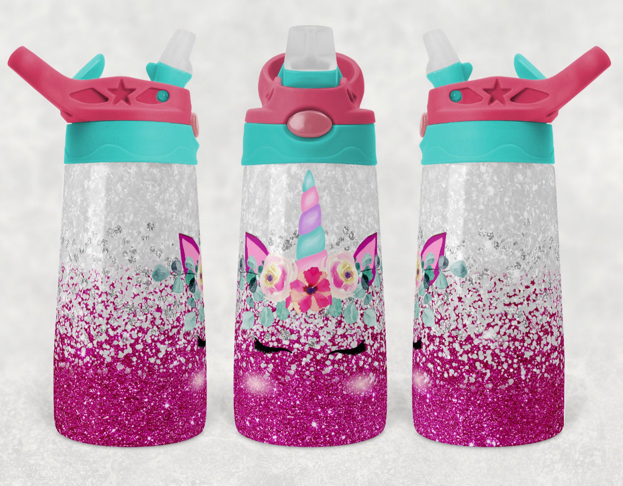 Pink Glitter Unicorn - 12oz Kids Flip Cup water Bottle Tumbler