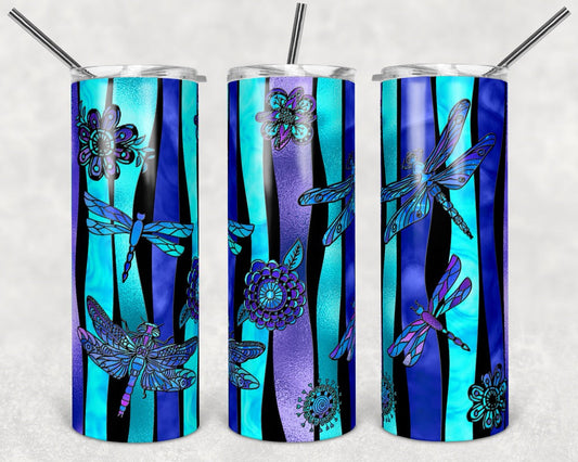 Teal & Blue Dragonfly- 20 oz or 30oz Skinny Tumblers w/ Lid and Metal Straw