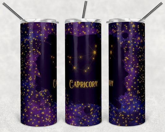 Capricorn Purple & Gold Zodiac - 20oz or 30oz Skinny Tumblers w/ Lid and Metal Straw