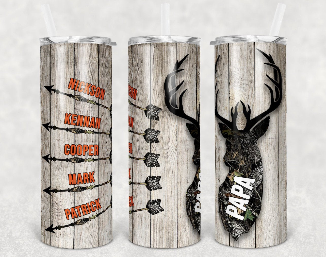 Buck Head with Arrow Names - 20 oz Skinny Tumblers w/ Lid and Metal Straw