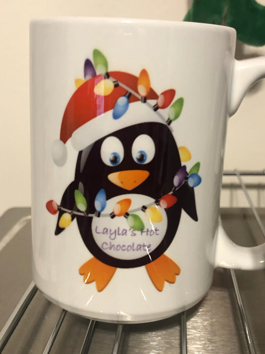 11oz Christmas lights penguin with name