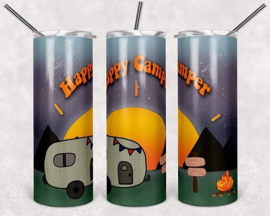 Happy Camper - 20 oz or 30oz Skinny Tumblers w/ Lid and Metal Straw