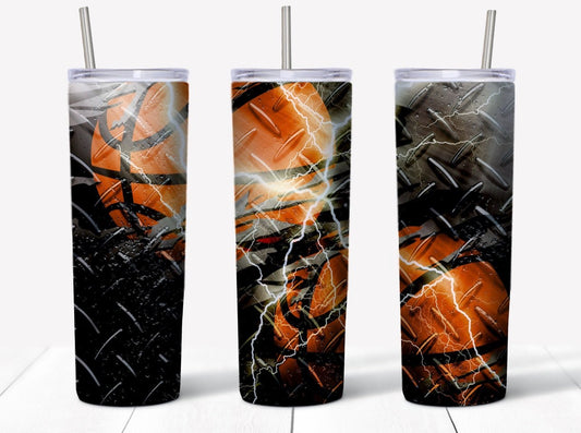 Lightening Bolt Basketball - 20oz or 30oz Skinny Tumblers w/ Lid and Metal Straw