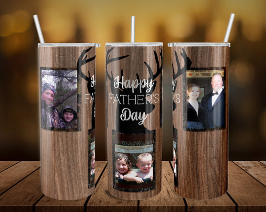 Wooden Deer Father’s day Picture - 20 oz or 30oz Skinny Tumblers w/ Lid and Metal Straw