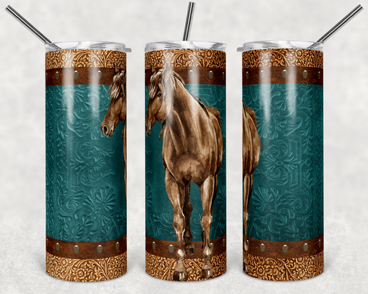 Teal Leather Horse- 20 oz or 30oz Skinny Tumblers w/ Lid and Metal Straw