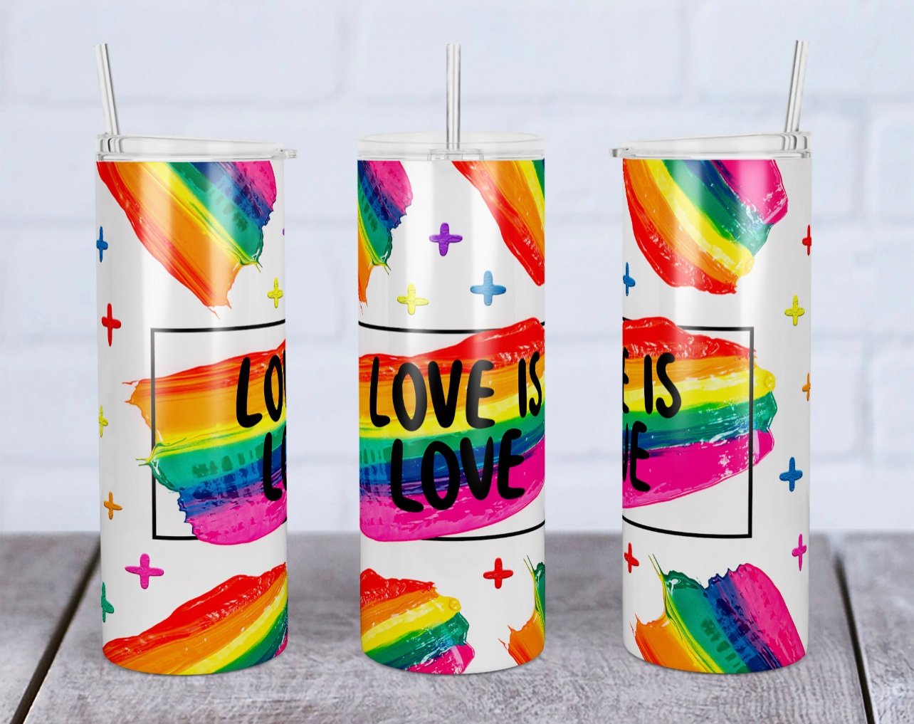 Love is Love Rainbow White - 20oz or 30oz Skinny Tumblers w/ Lid and Metal Straw