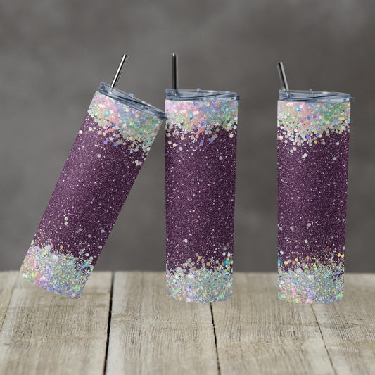 Purple Silver Sparkle-20 oz or 30oz Skinny Tumblers w/ Lid and Metal Straw