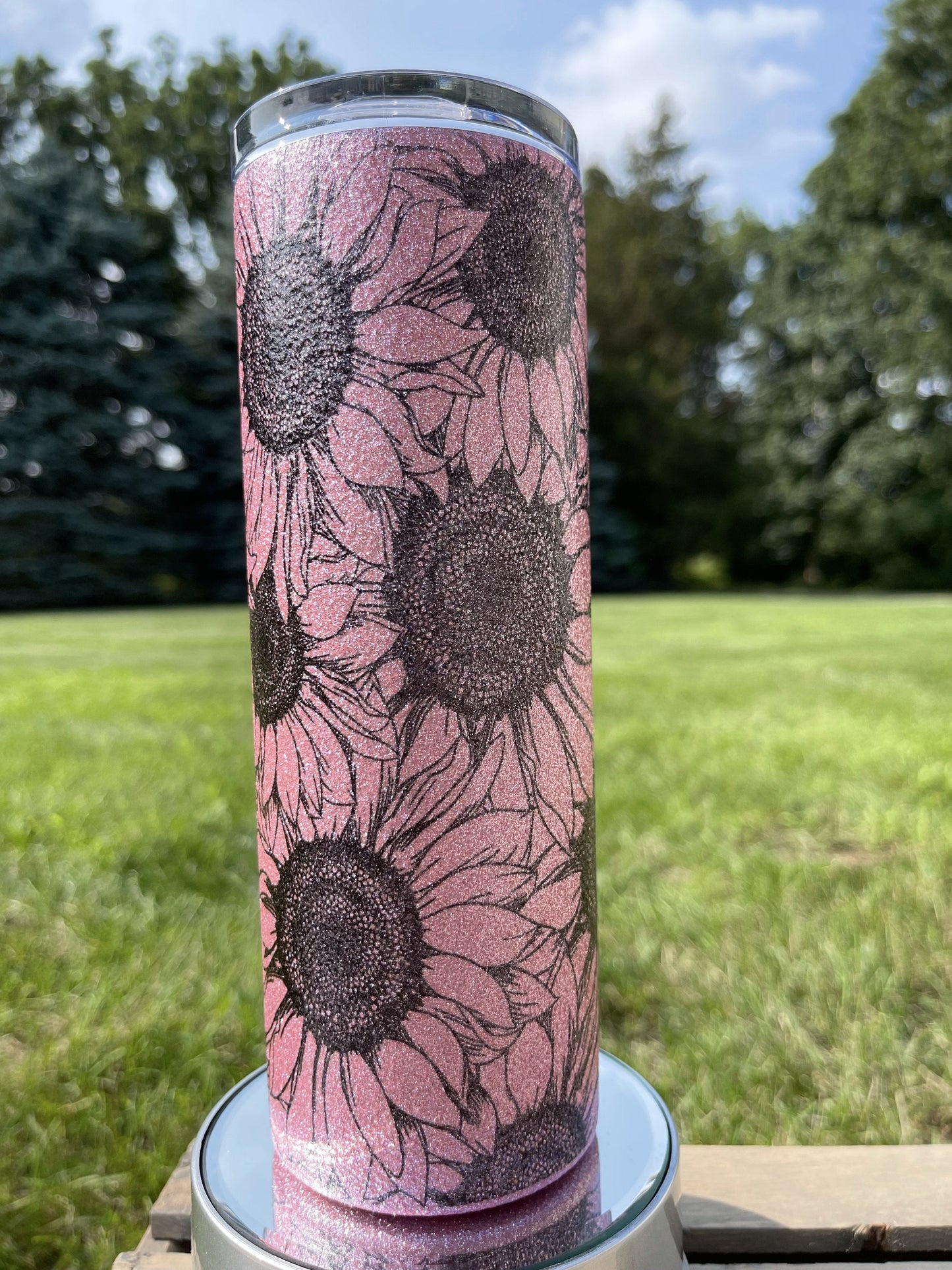 Pink Glitter Sunflower -  20oz  Skinny Tumblers w/ Lid and Metal Straw