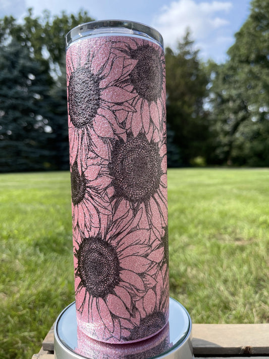 Pink Glitter Sunflower -  20oz  Skinny Tumblers w/ Lid and Metal Straw