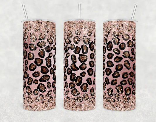 Rose Gold Glitter Leopard - 20oz or 30oz Skinny Tumblers w/ Lid and Metal Straw