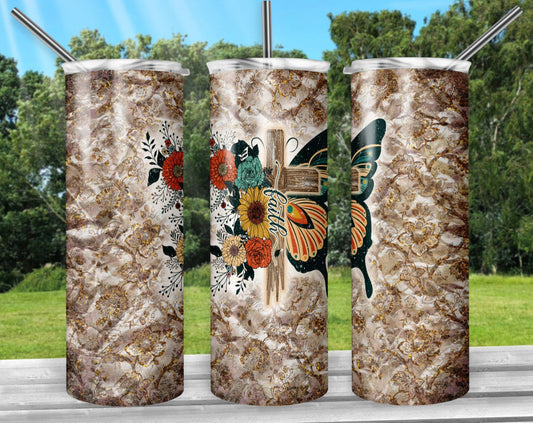 Cross Faith Butterfly- 20 oz or 30oz Skinny Tumblers w/ Lid and Metal Straw