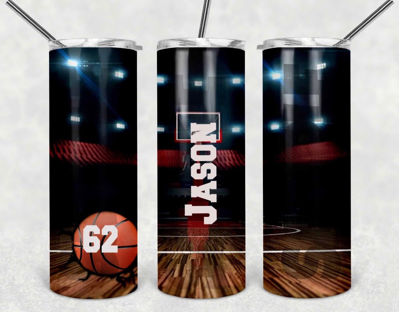 Court Name Basketball - 20oz or 30oz Skinny Tumblers w/ Lid and Metal Straw