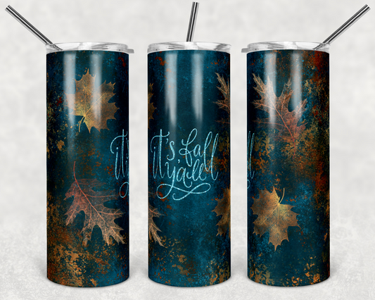 Teal Fall Y’all Leaves -  20oz or 30oz Skinny Tumblers w/ Lid and Metal Straw