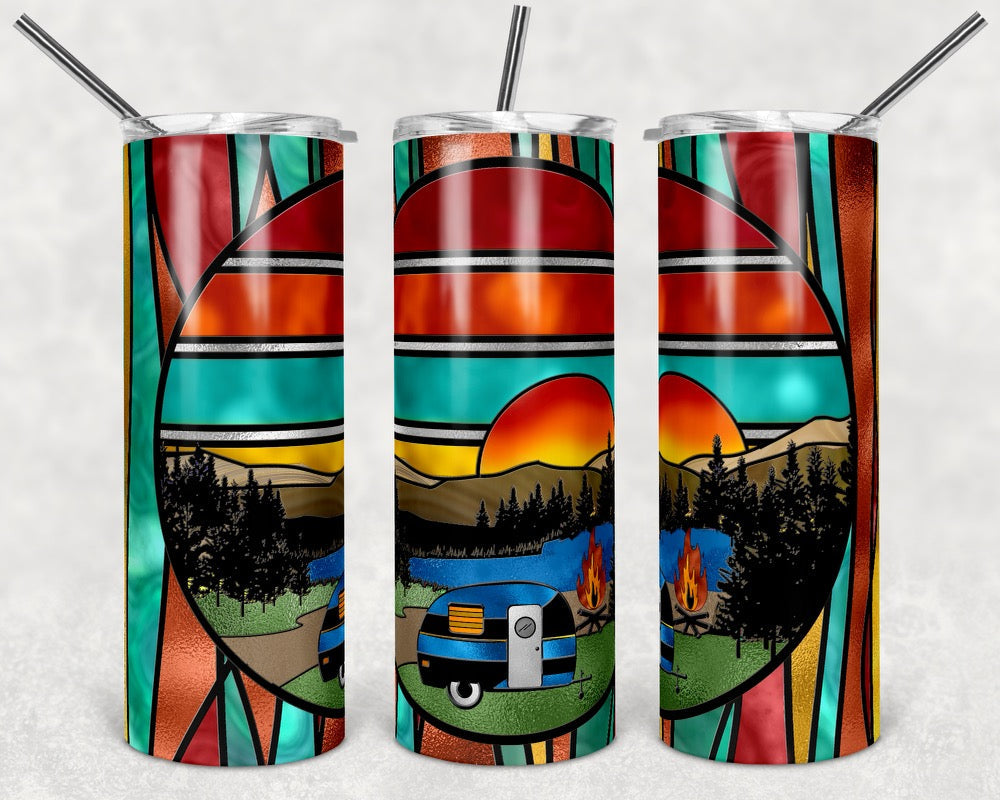 Striped Sunset/Camping- 20 oz or 30oz Skinny Tumblers w/ Lid and Metal Straw