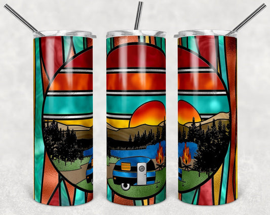 Striped Sunset/Camping- 20 oz or 30oz Skinny Tumblers w/ Lid and Metal Straw