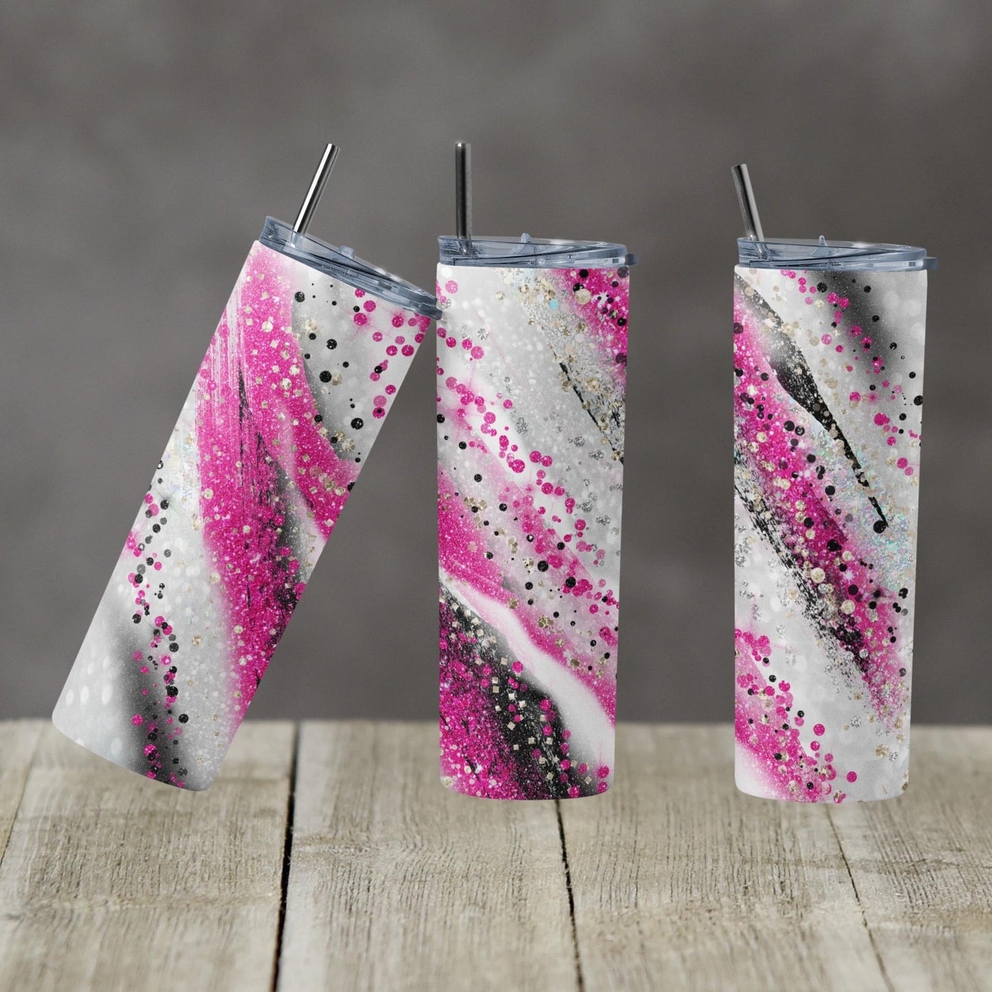 Pink & Black Glitter- 20 oz or 30oz Skinny Tumblers w/ Lid and Metal Straw