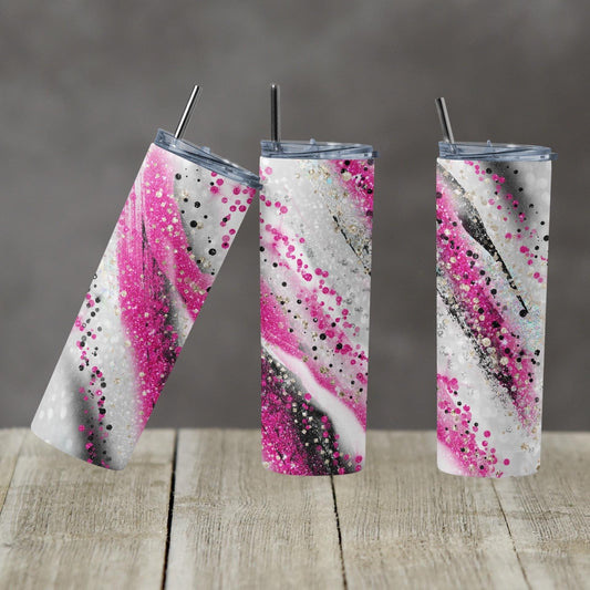 Pink & Black Glitter- 20 oz or 30oz Skinny Tumblers w/ Lid and Metal Straw