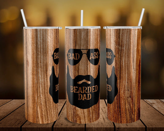 Wood Bad Ass Bearded Dad- 20 oz or 30oz Skinny Tumblers w/ Lid and Metal Straw