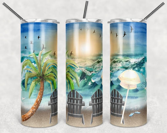 Ocean Side Vacation Setting- 20 or 30oz Skinny Tumblers w/ Lid and Metal Straw
