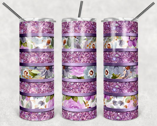 Purple Striped Floral- 20oz or 30oz Skinny Tumblers w/ Lid and Metal Straw