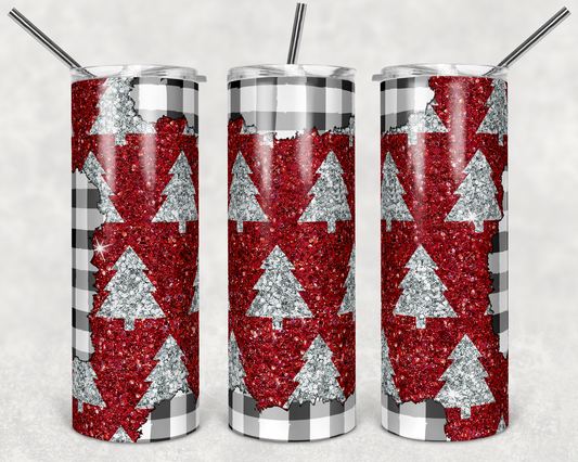 Red and Silver Xmas Trees- 20 oz or 30oz Skinny Tumblers w/ Lid and Metal Straw
