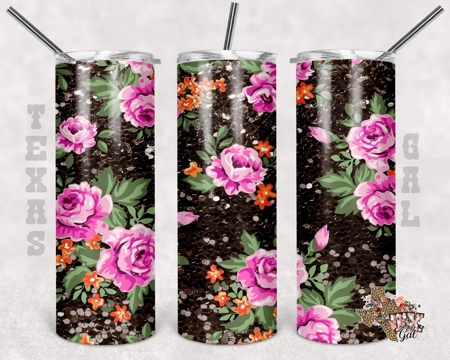 Black Sequin Purple Floral - 20oz or 30oz Skinny Tumblers w/ Lid and Metal Straw