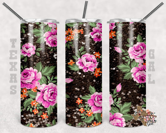 Black Sequin Purple Floral - 20oz or 30oz Skinny Tumblers w/ Lid and Metal Straw