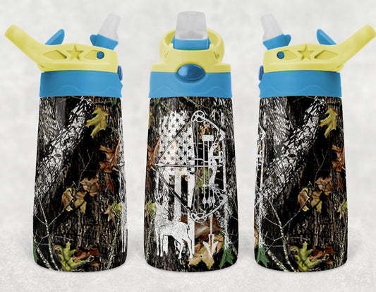 Camo Bow and Arrow Hunting - 12oz Kids Flip Cup water Bottle Tumbler