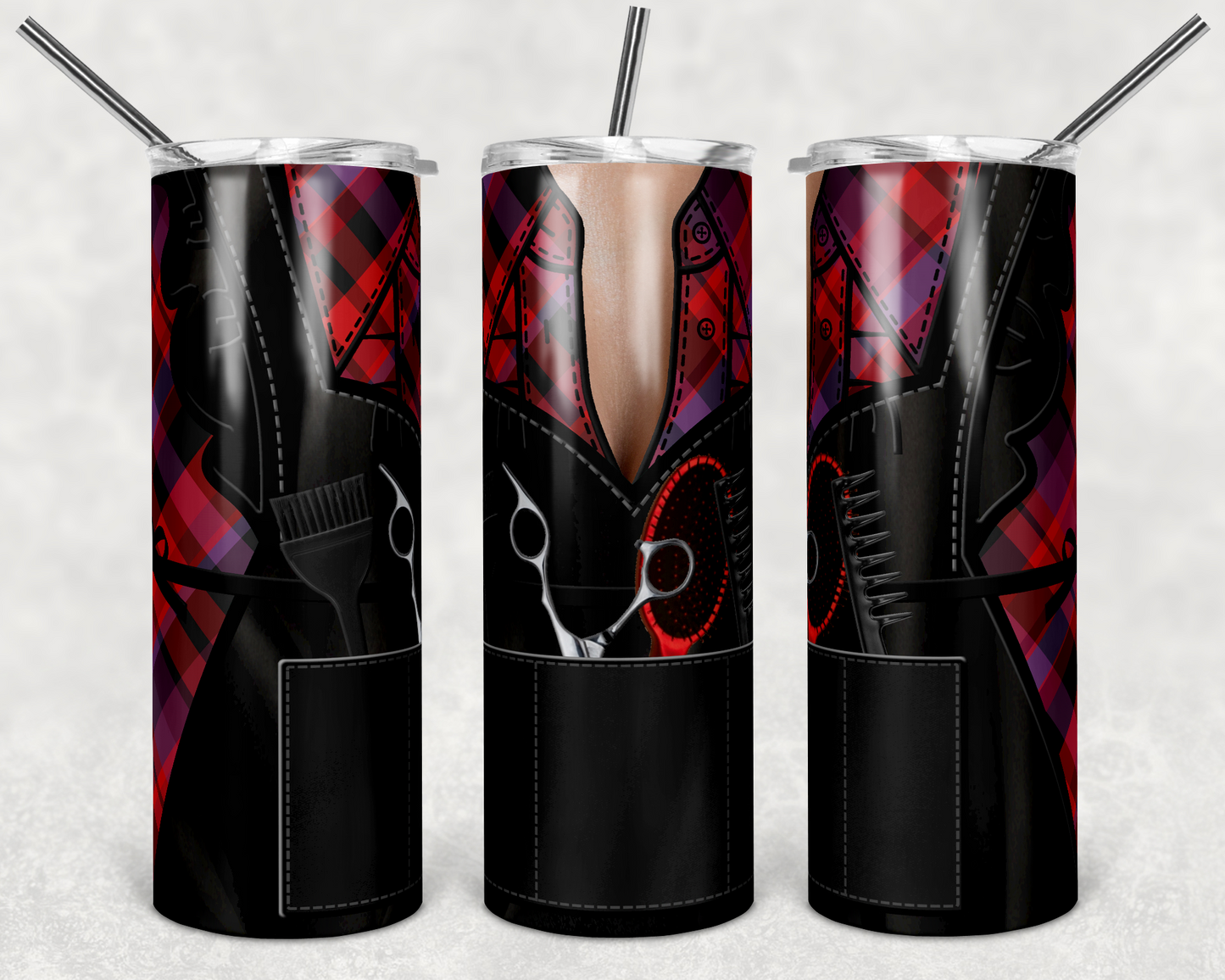 Red & Purple Patterned Hair Apron - 20oz or 30oz Skinny Tumblers w/ Lid and Metal Straw