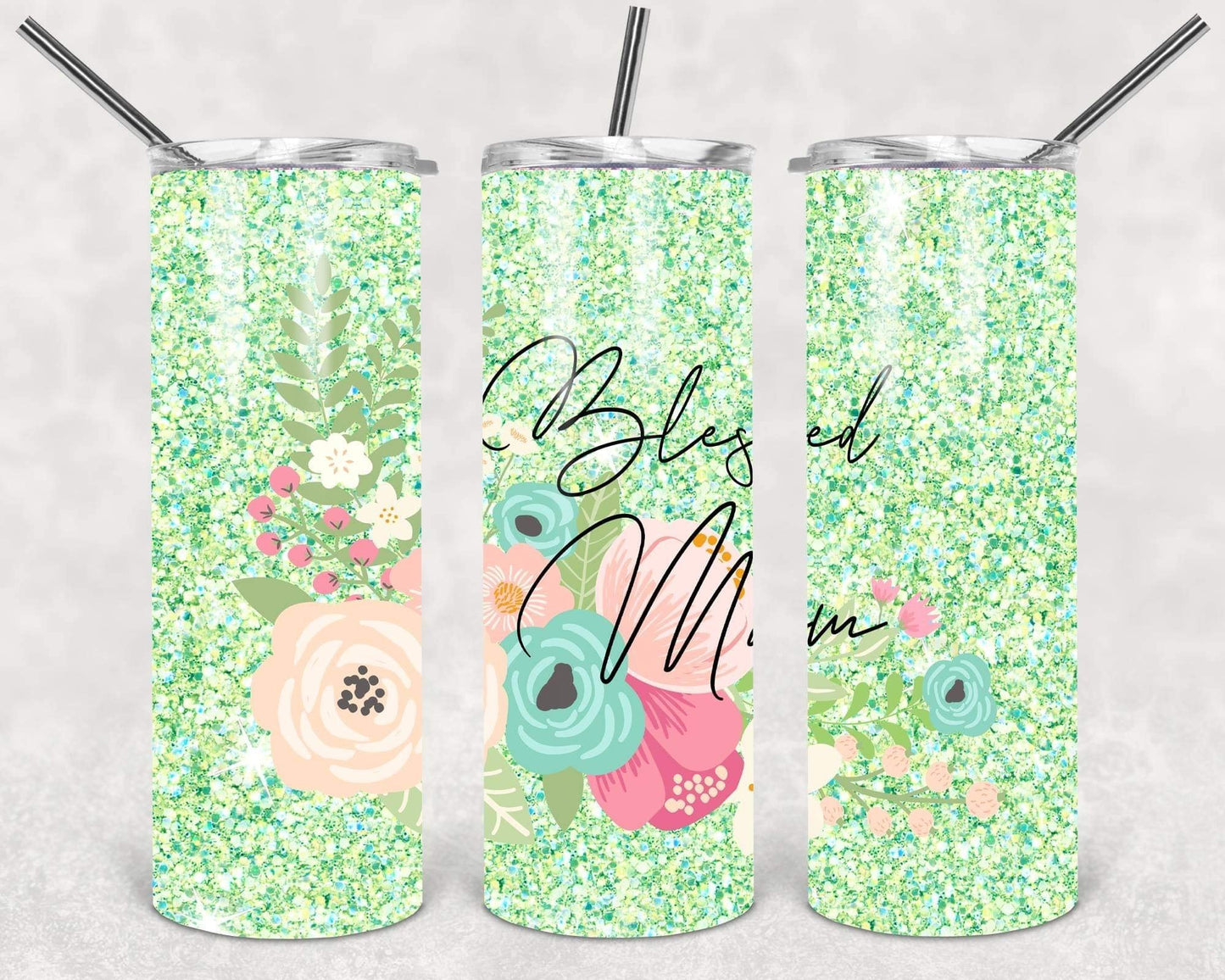 Green Glitter Blessed Mama- 20oz or 30oz Skinny Tumblers w/ Lid and Metal Straw