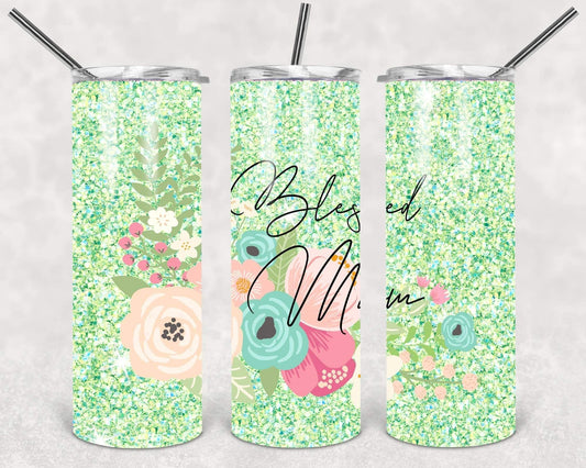 Green Glitter Blessed Mama- 20oz or 30oz Skinny Tumblers w/ Lid and Metal Straw