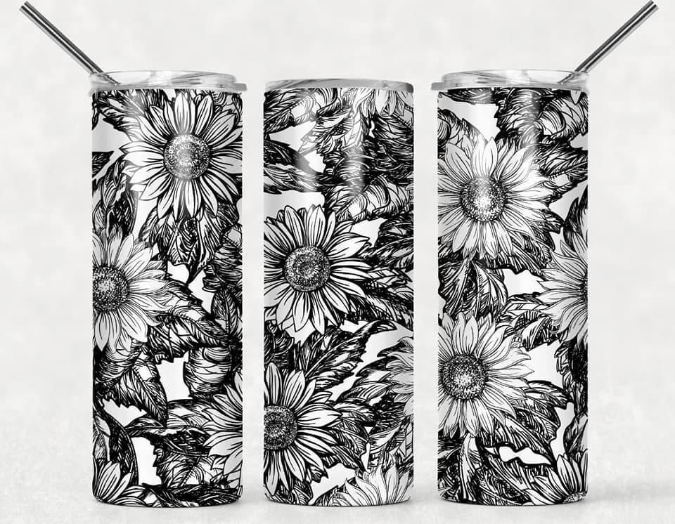 B&W Sunflower- 20oz or 30oz Skinny Tumblers w/ Lid and Metal Straw