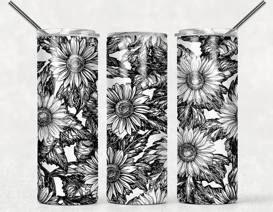 B&W Sunflower- 20oz or 30oz Skinny Tumblers w/ Lid and Metal Straw