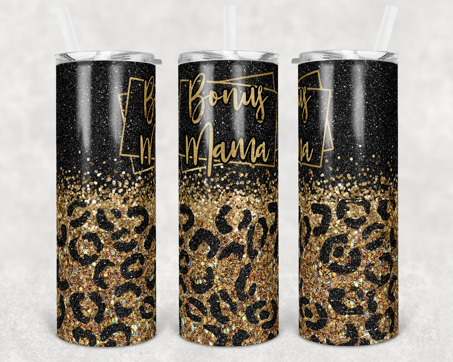 Bonus Mama Black Cheetah - 20oz or 30oz Skinny Tumblers w/ Lid and Metal Straw
