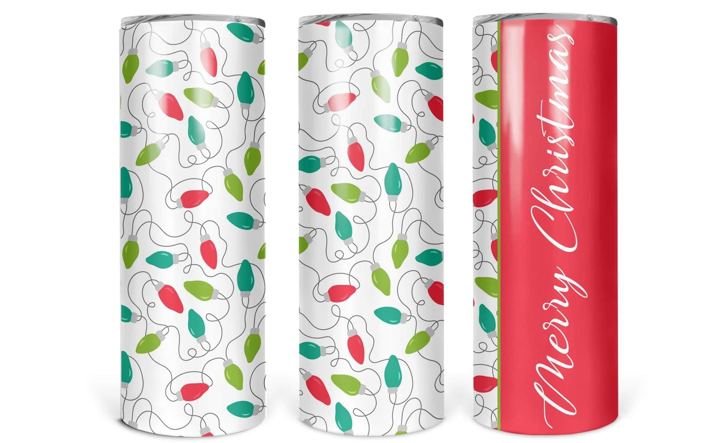 White Lights Merry Xmas- 20 oz or 30oz Skinny Tumblers w/ Lid and Metal Straw