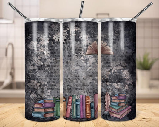 Old Bookshelf W/ Writing- 20oz or 30oz Skinny Tumblers w/ Lid and Metal Straw