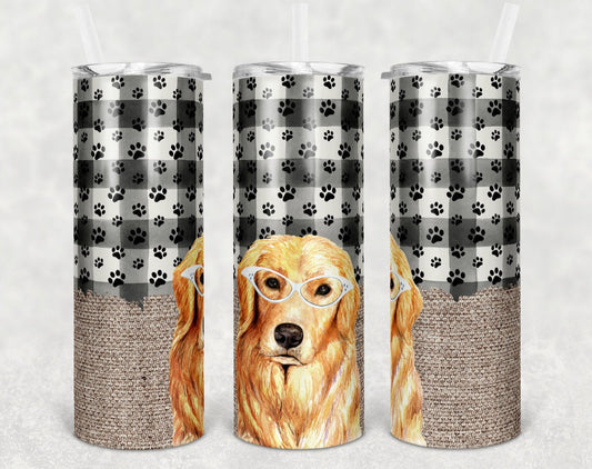 Golden Retriever Dog w Glasses- 20 oz Skinny Tumblers w/ Lid and Metal Straw