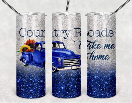 Blue Country Roads Truck  - 20 oz or 30oz Skinny Tumblers w/ Lid and Metal Straw