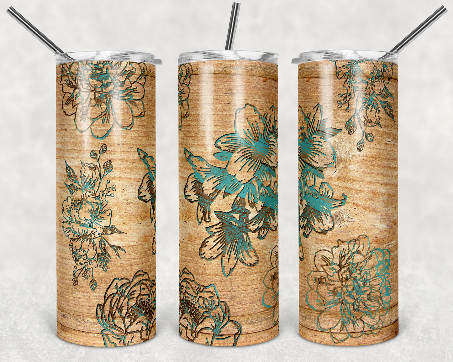 Wooden Teal Floral- 20oz or 30oz Skinny Tumblers w/ Lid and Metal Straw