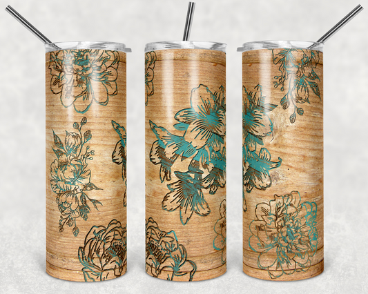 Wooden Teal Floral- 20oz or 30oz Skinny Tumblers w/ Lid and Metal Straw