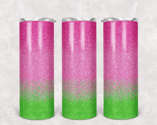 Pink and Green Sparkle Ombré - 20oz or 30oz Skinny Tumblers w/ Lid and Metal Straw